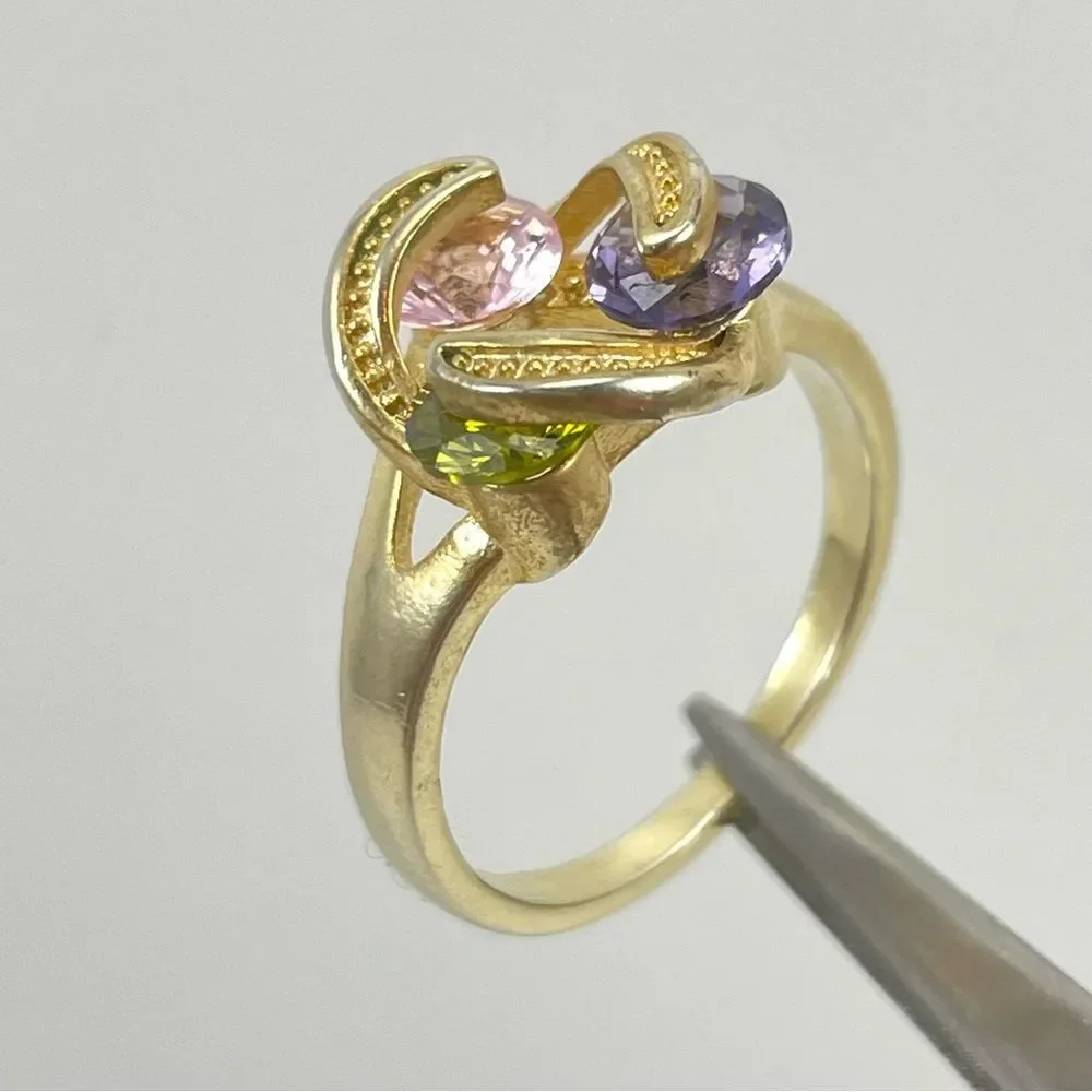925 Sterling Silver Gold Plated Multi-Color Swarovski Crystal Gemstone Ring Sz 9